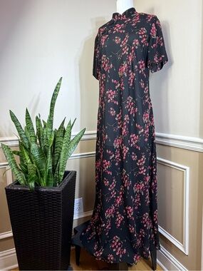 Chinese Qipao Dress Maxi Sheer Black Pink Blossoms Mandarin Collar Short Sleeve